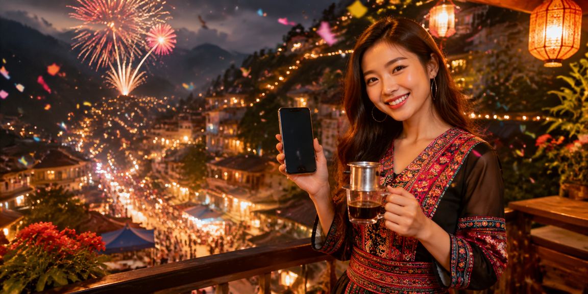 Người dùng tại Sapa truy cập khuyến mãi casino trên điện thoại kèm ly cà phê sáng